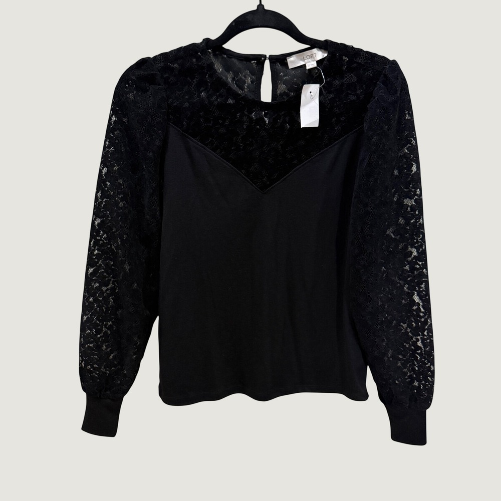 LOFT Black Lace Mixed Media Long‎ Sleeve Top Crew Neck Keyhole Back XS NEW